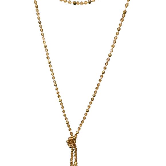 Goldtone and Beige Crystal Knot Necklace Tassel 40" Overhead - Picture 4 of 6